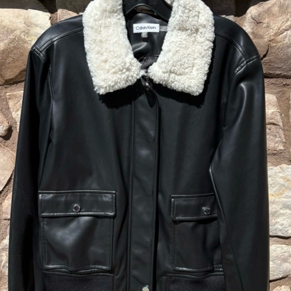 Calvin Klein Black Faux Leather  Moto Bomber Jacket